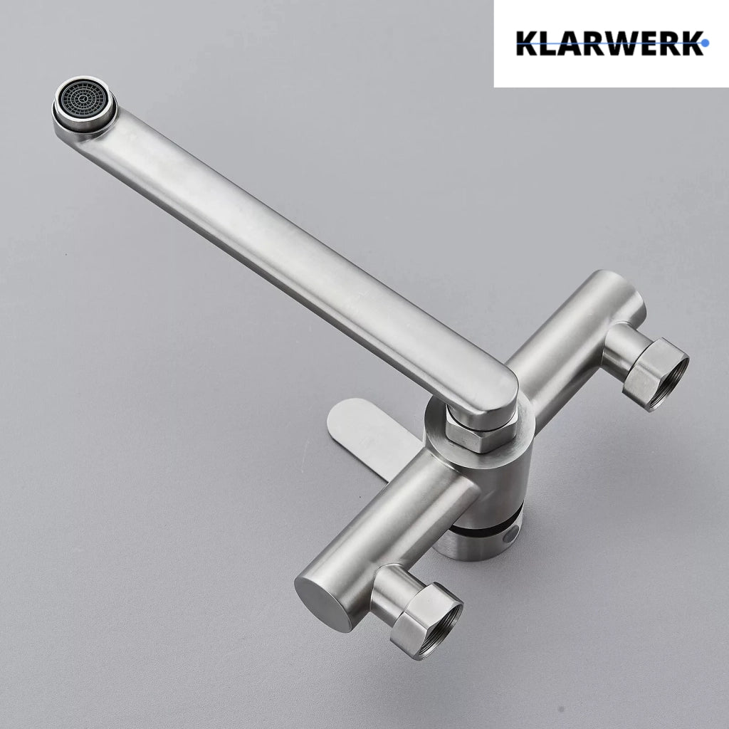 MAX| Miscelatore Catering a parete Argento | Rubinetto cucina professionale in acciaio inox con doccetta | Beccuccio piatto da parete per ristorante