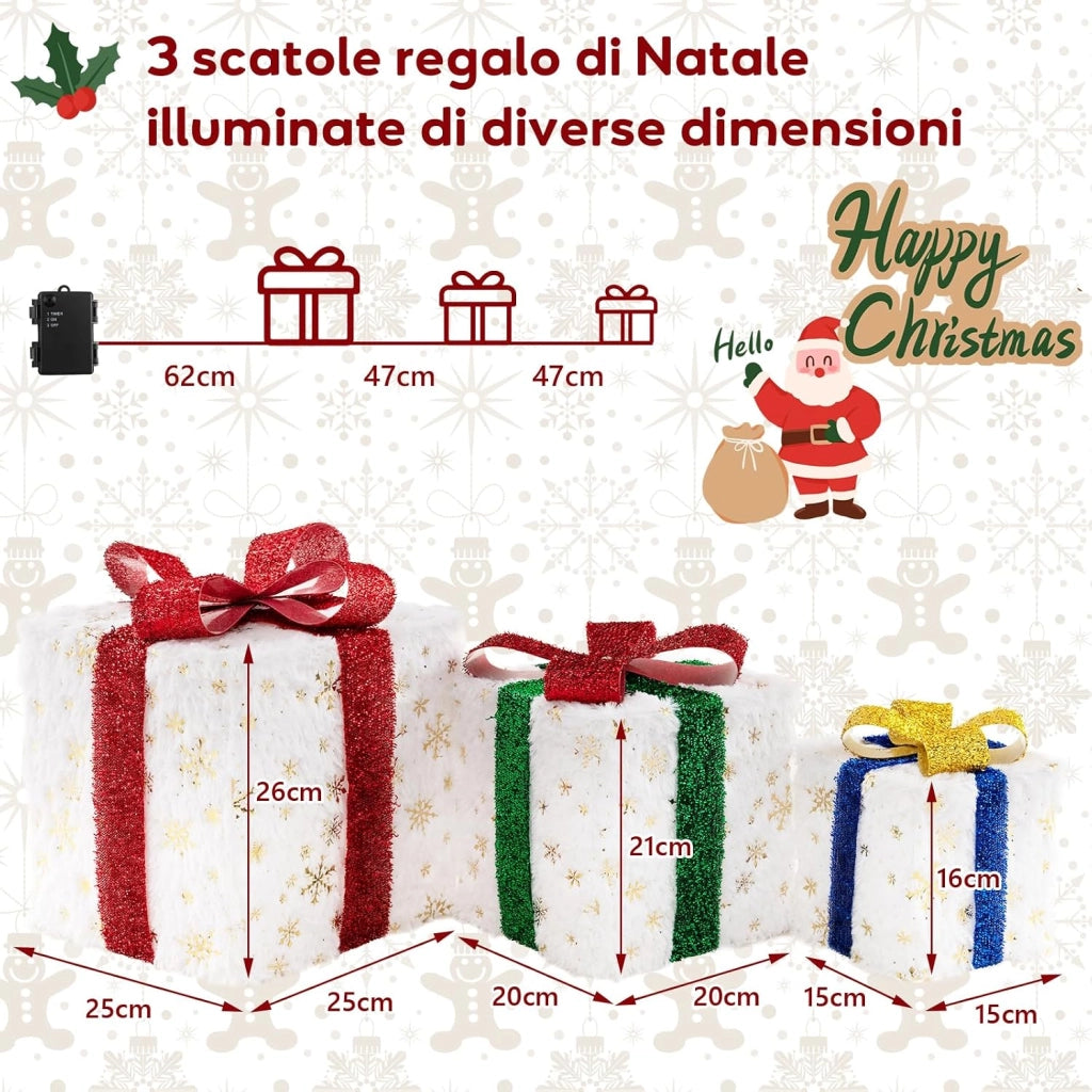 Set di 3 Scatole Regalo Illuminate per Natale, Decorazione Natalizia Pre-illuminata con 48 Luci Calde e Luminose, per Casa e Giardino (Bianco)