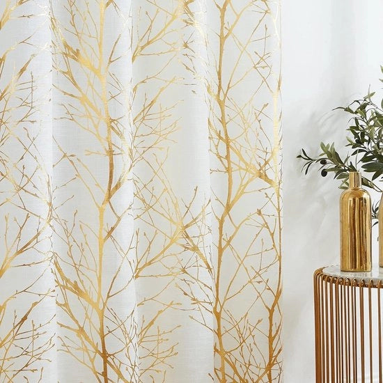 Gordini con anelli, foglia d'oro, rami di legno bianchi, tende stampate, tende con finitura di lino, tende semi-trasparenti corte, tende con anelli moderne per salotto, camera da letto (oro su bianco).