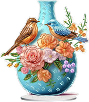 Decorazione da Tavolo a 5D con Cristalli Rosa, Uccelli e Vaso - Set di Arte Gemma DIY - Decorazione Desktop Blu per Adulti