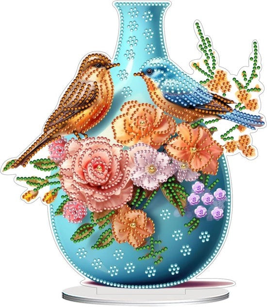 Decorazione da Tavolo a 5D con Cristalli Rosa, Uccelli e Vaso - Set di Arte Gemma DIY - Decorazione Desktop Blu per Adulti