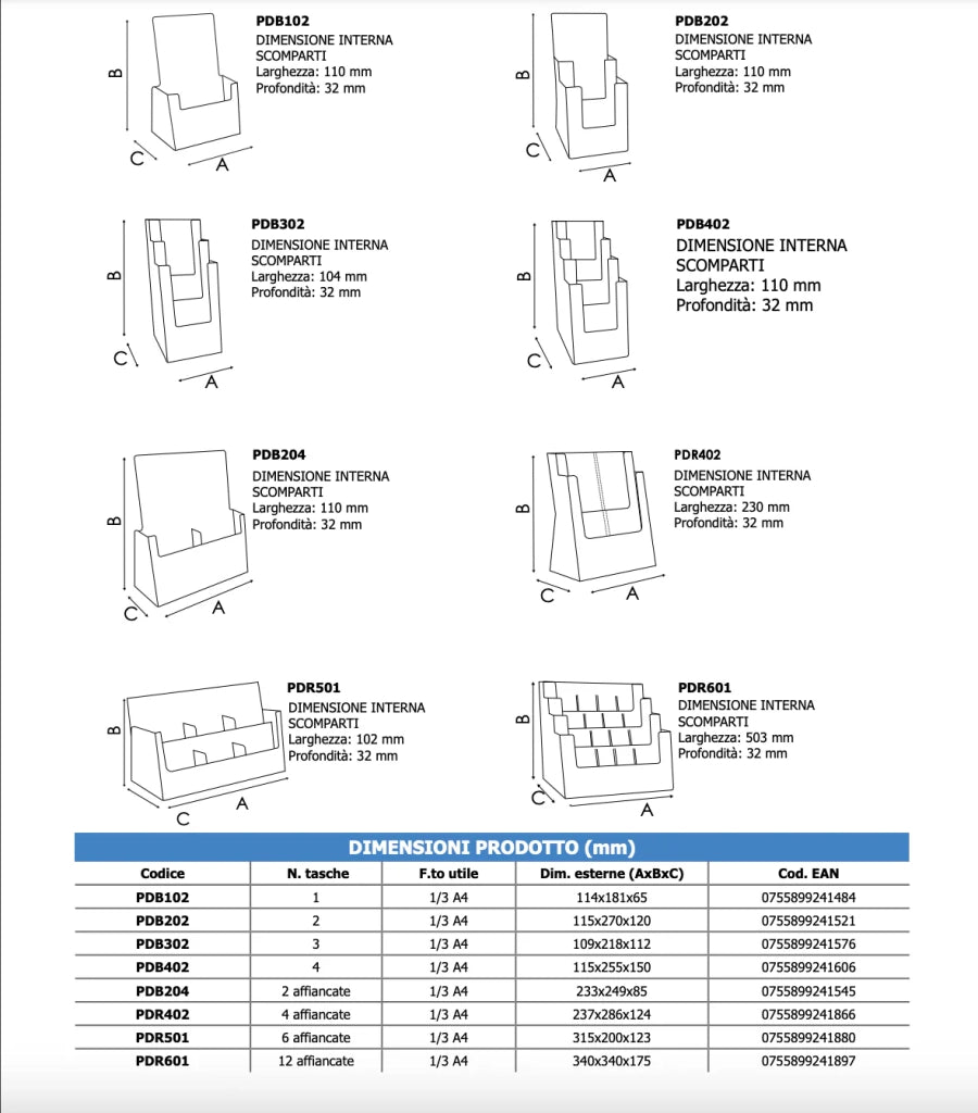 Porta depliant da banco in plexi 2 tasche 1/3 A4 affiancate