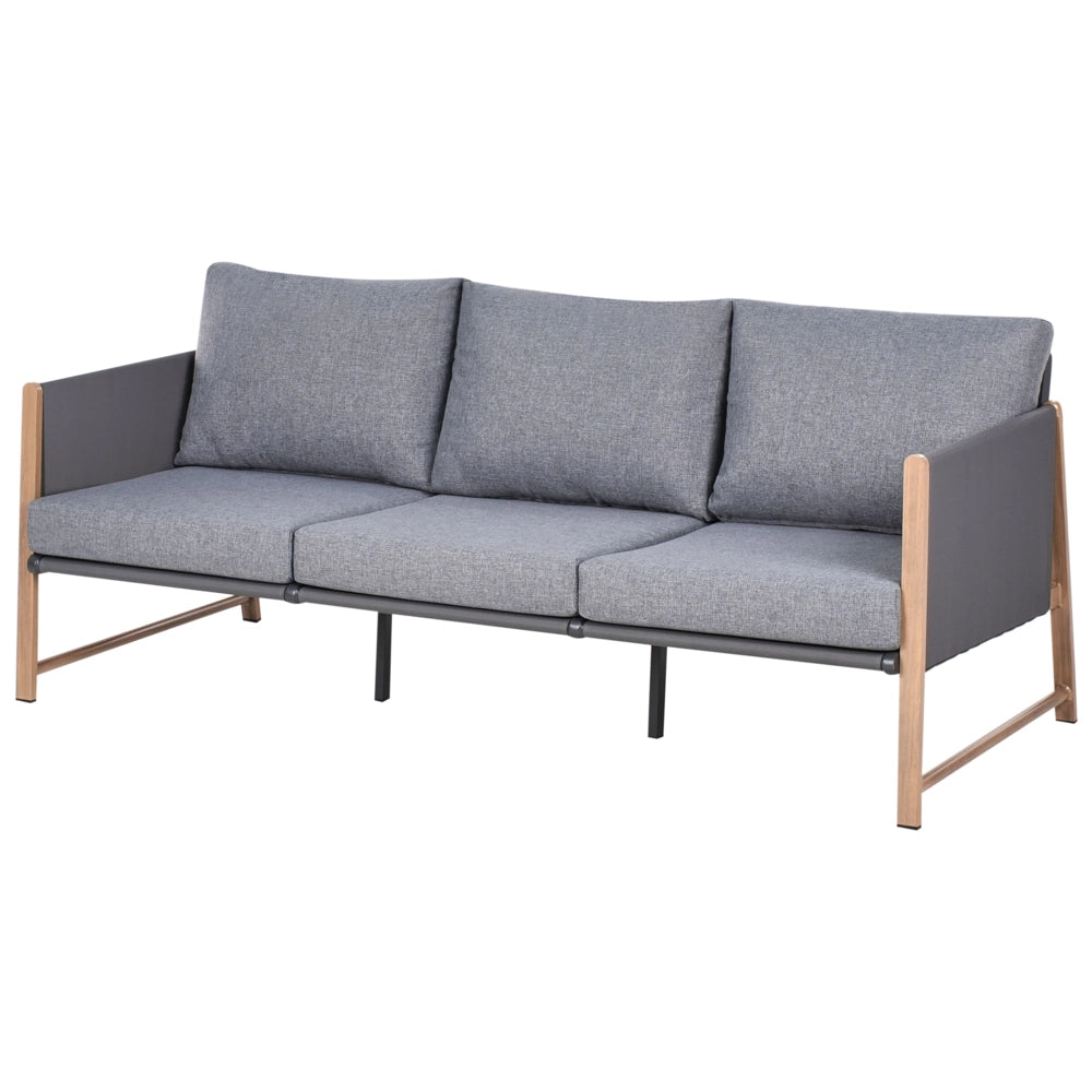 Set di divani da giardino a 5 posti Struttura in metallo grigio con finitura in legno Piano in vetro Divano a 3 posti Ottomano Poltrone
