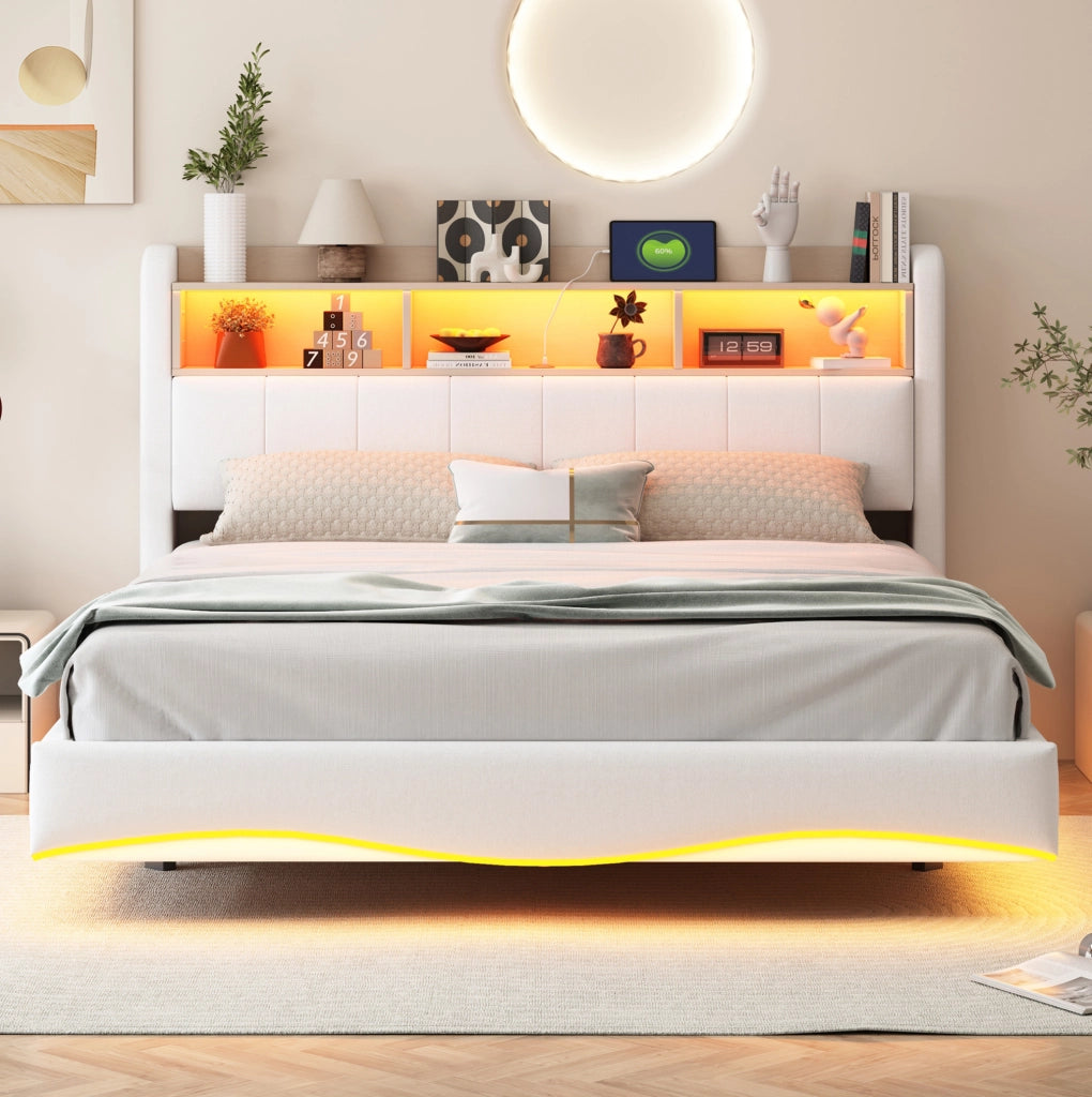 Letto imbottito 160x200 con LED, USB-C e vano contenitivo beige