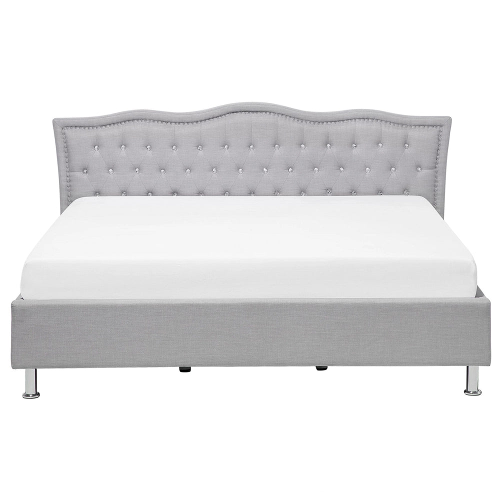 Letto 160 x 200 cm Tessuto grigio Cornice imbottita Bottoni in cristallo Poggiatesta con cornice imbottita