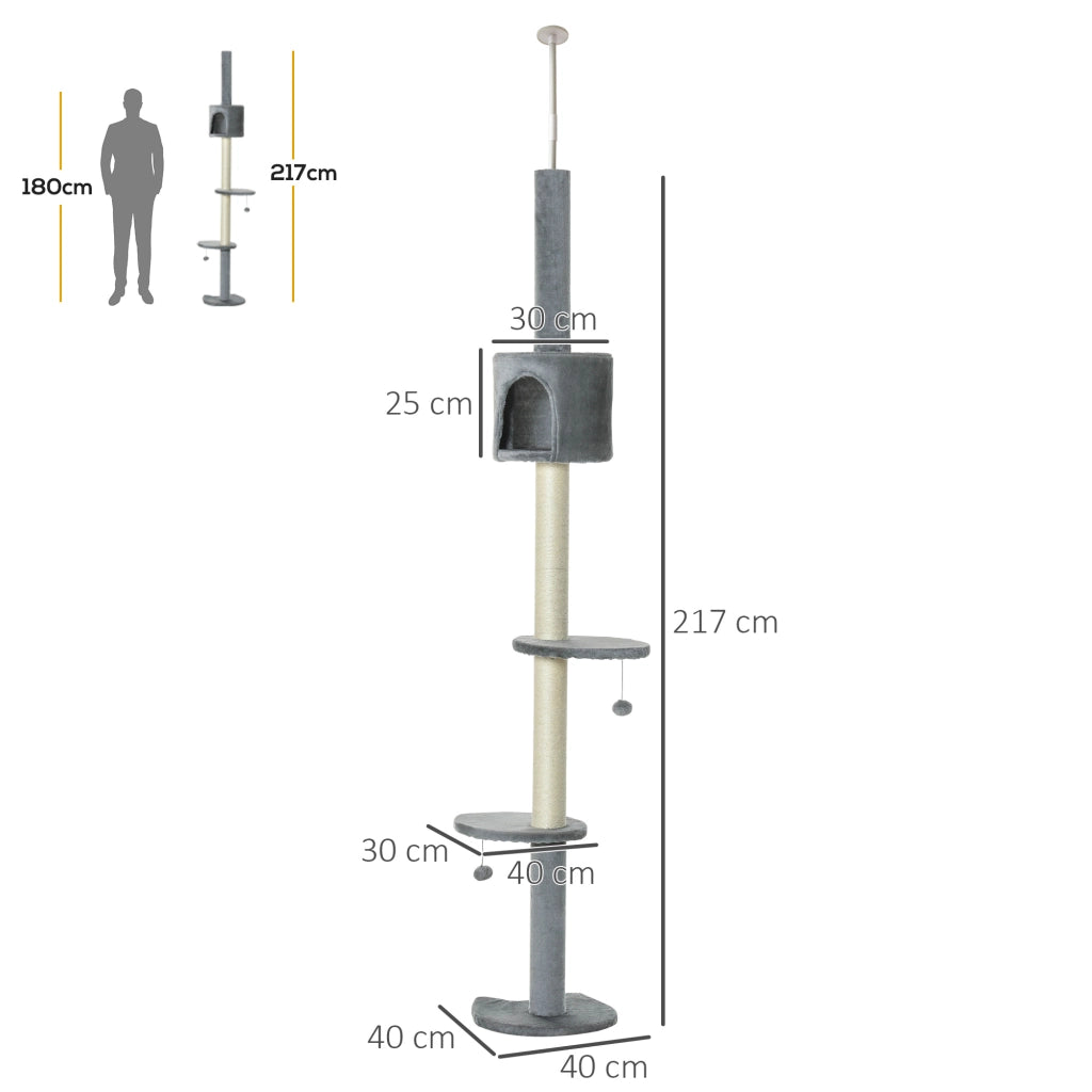 Albero tiragraffi per gatti con piattaforme, grotta e pali in sisal ¨C Zephmum ¨C Grigio chiaro, 255 cm
