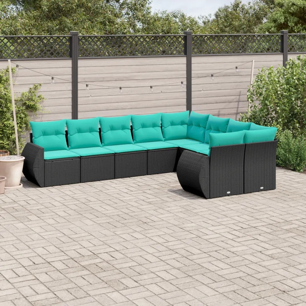 Set Divani da Giardino 9 pz con Cuscini Nero in Polyrattan 3221836
