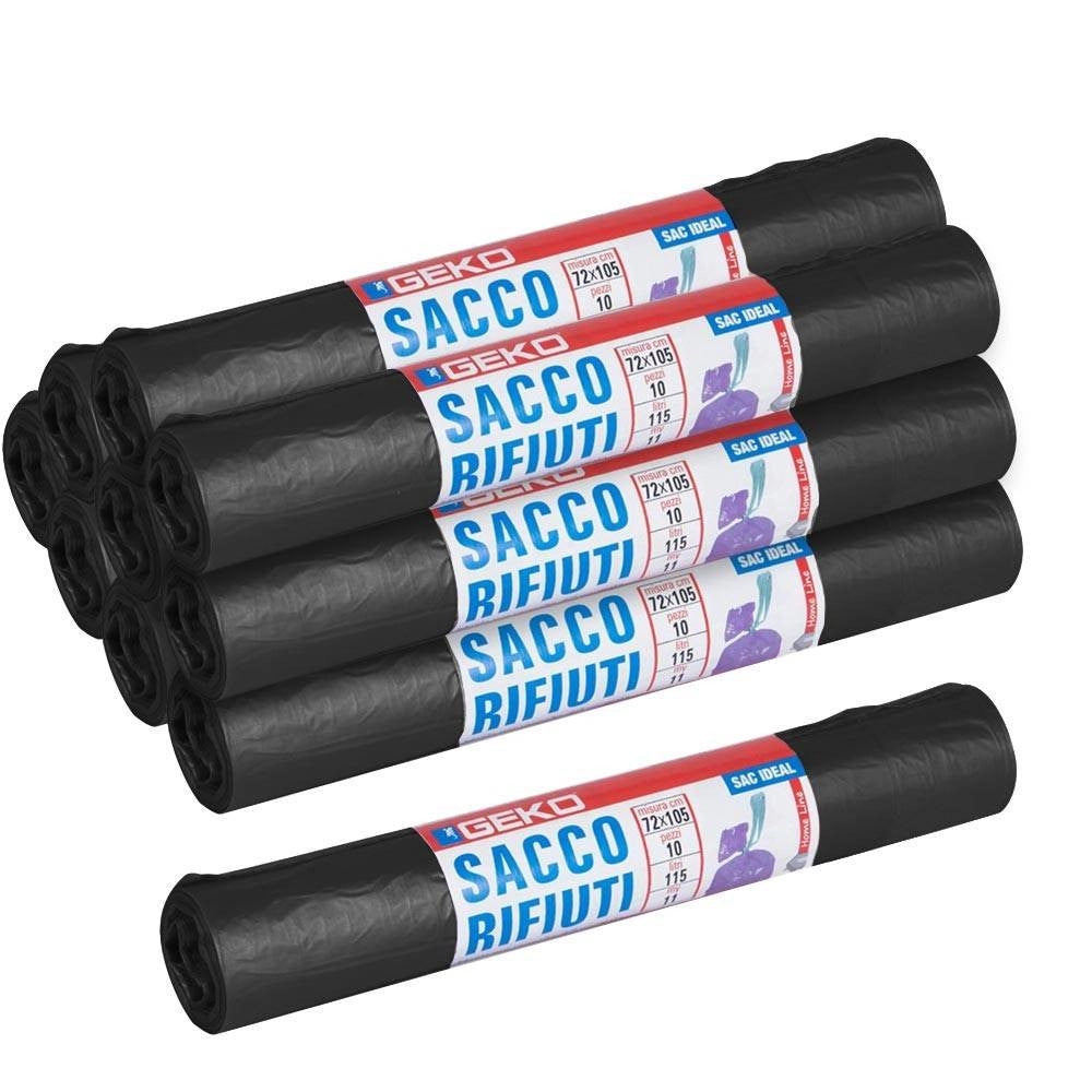 Trade Shop - Rotoli Sacchetti Buste Per Spazzatura 115lt 72x105cm Chiusura Con Laccetto Nero -