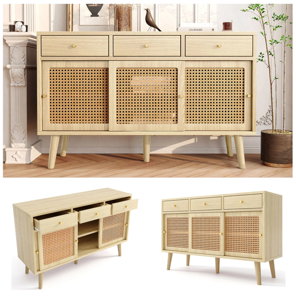 OKWISH Credenza con 3 Cassetti e 3 Ante Scorrevoli, Ripiani Regolabili, Stile Retrò, MDF e Metallo, Rovere, 120 x 40 x 78 cm
