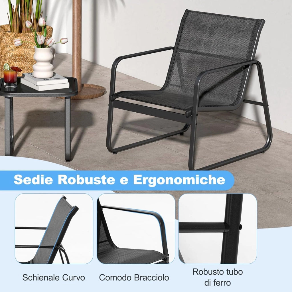 Set Tavolino e Sedie da Giardino, Set Bistrò 3 Pezzi, Set da Giardino in Metallo e Tessuto Textilene, Tavolino in Vetro Temperato, per Giardino, Cortile, Bordo Piscina (Nero)