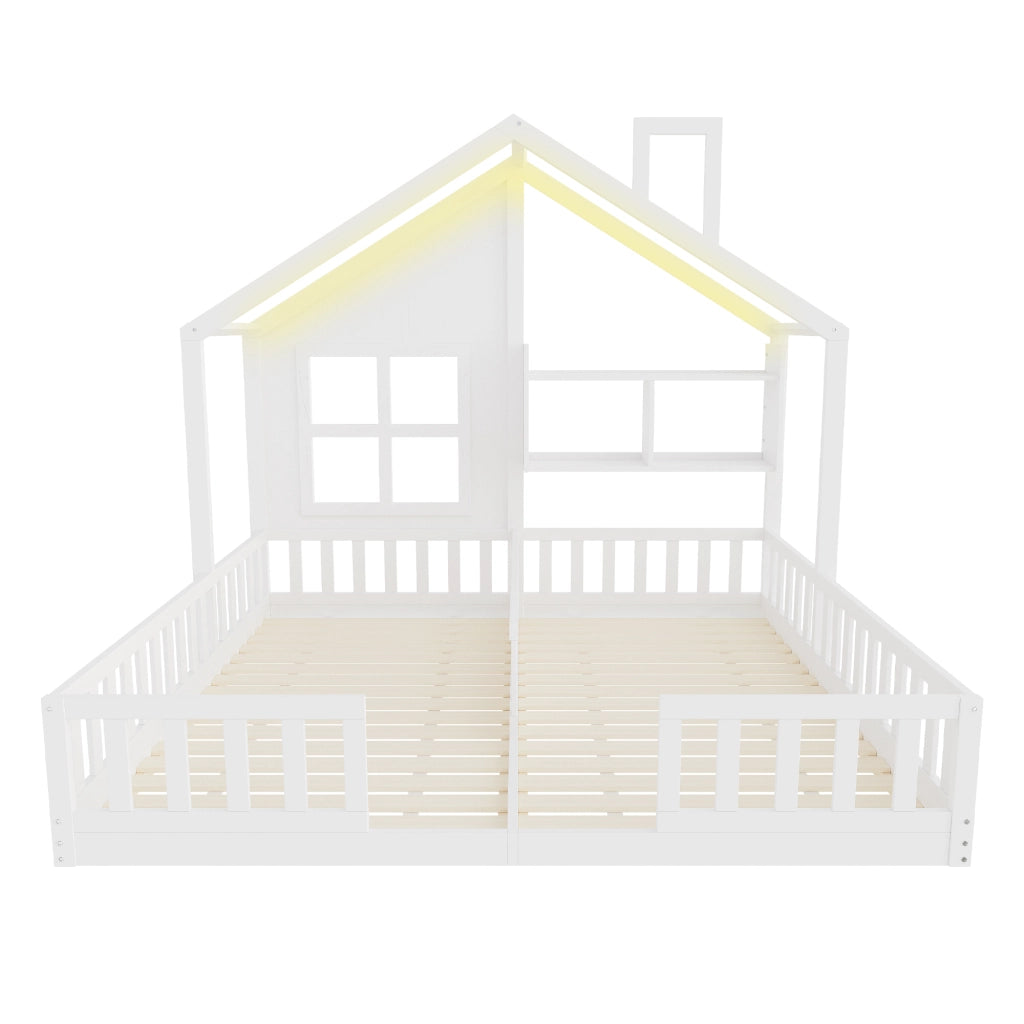 Letto per bambini 2 posti 90×200 cm e 90×200 cm con LED, barriere e ripiani, con rete, senza materasso, bianco