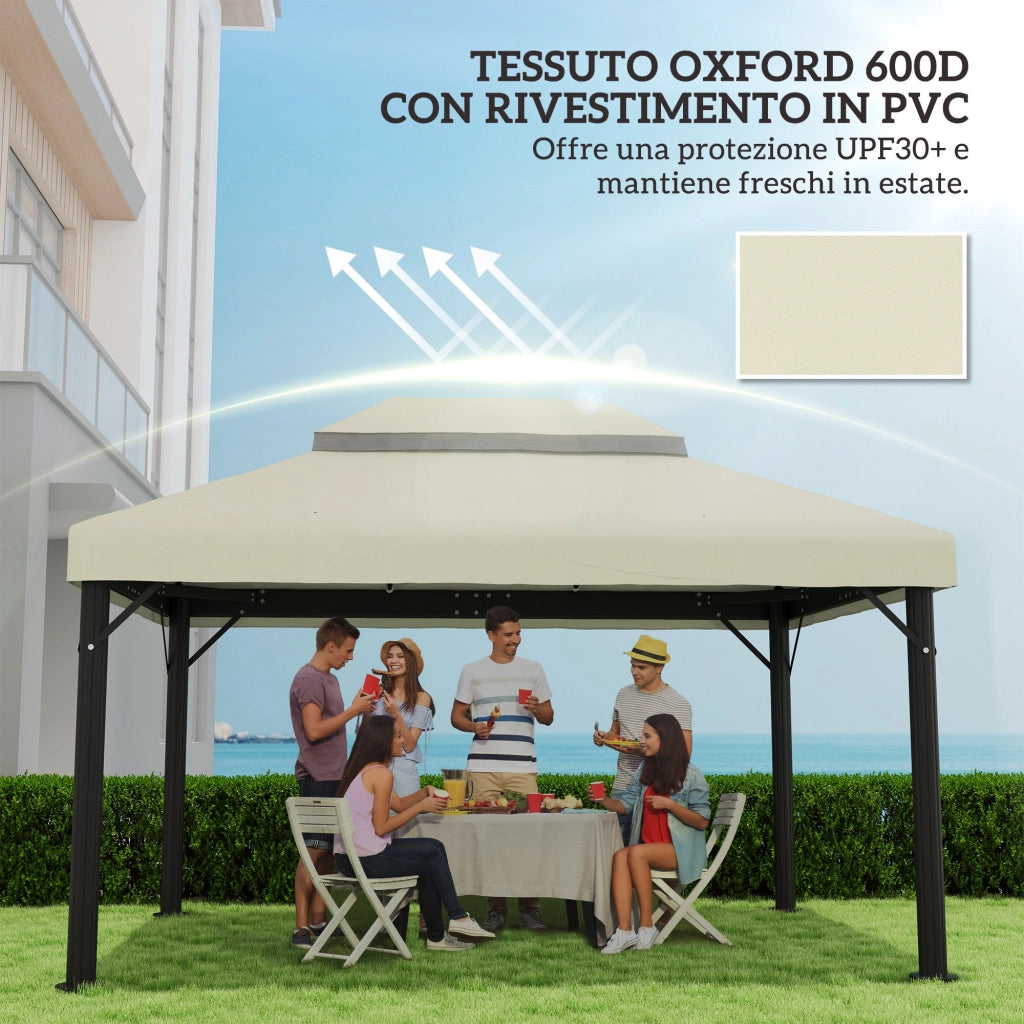 Copertura per Gazebo da Giardino 400x 300 cm a 2 Livelli in Tessuto Oxford 600D con Fori di Drenaggio Bianco Crema
