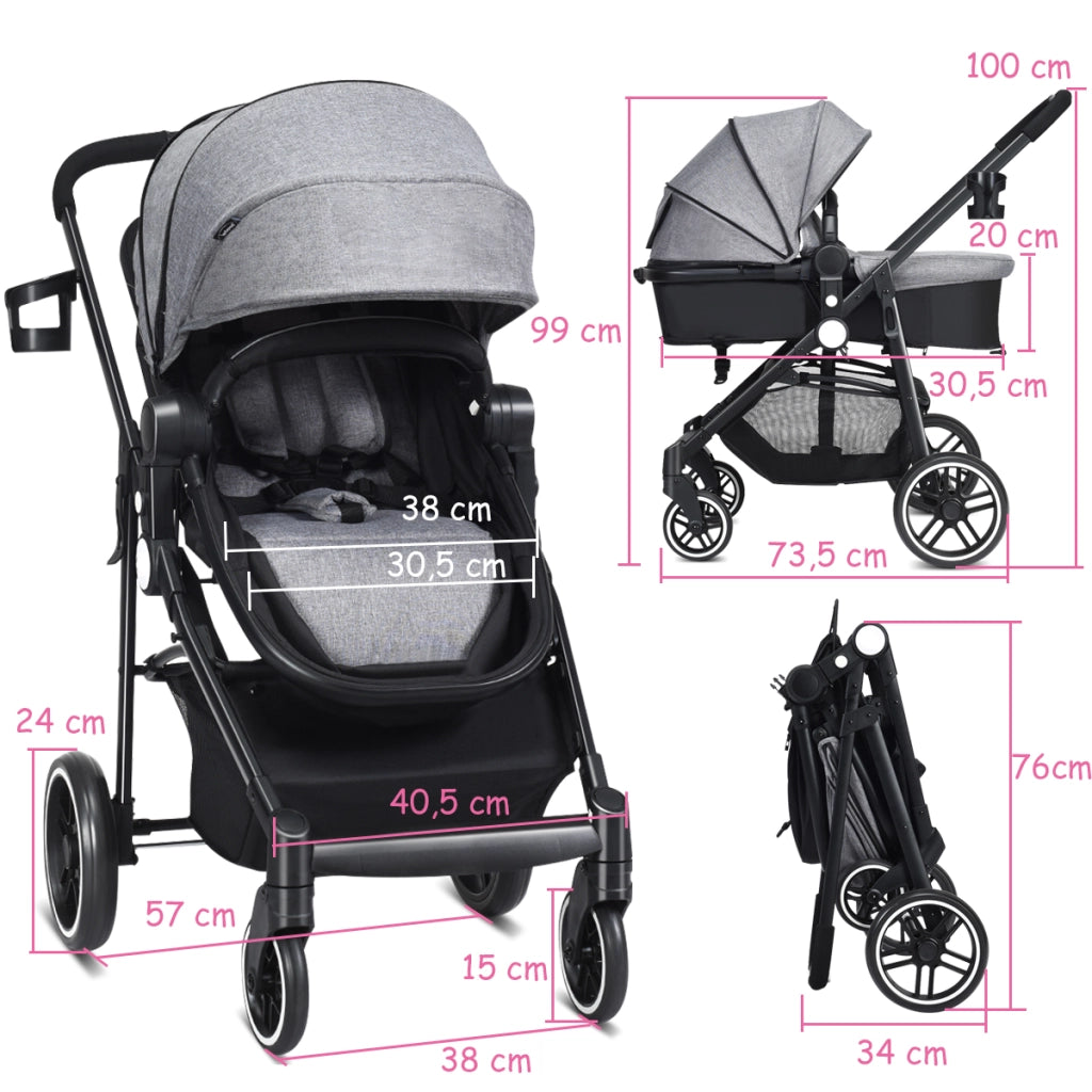 Passeggino per bambini con sedile reversibile e cappuccio regolabile, Passeggino 2 in 1 piegatura con una mano Grigio-Passeggini per bimbi