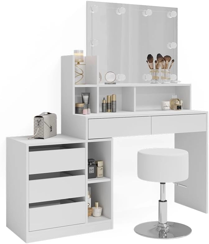 Tavolo da toeletta Anja, Bianco, 139.8 cm con illuminazione a LED e sgabello, Cassetti per organizzare nel disordine