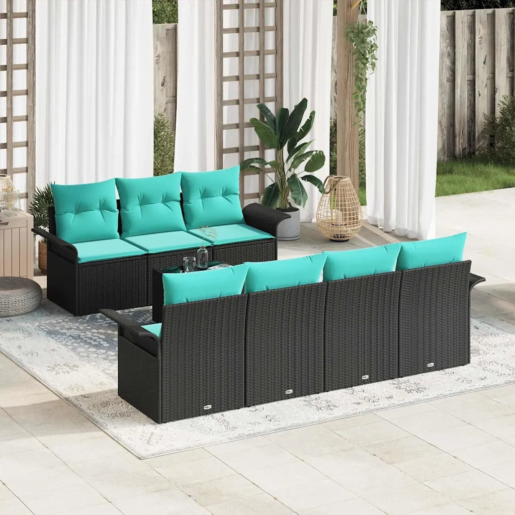 Set Divano da Giardino 8 pcs Nero e Turchese polyrattan