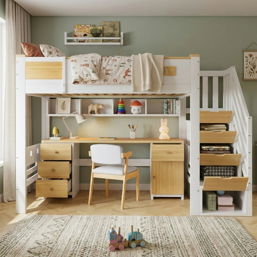 Letto a soppalco 90 x 200 cm con scrivania, scala contenitore e ripiani