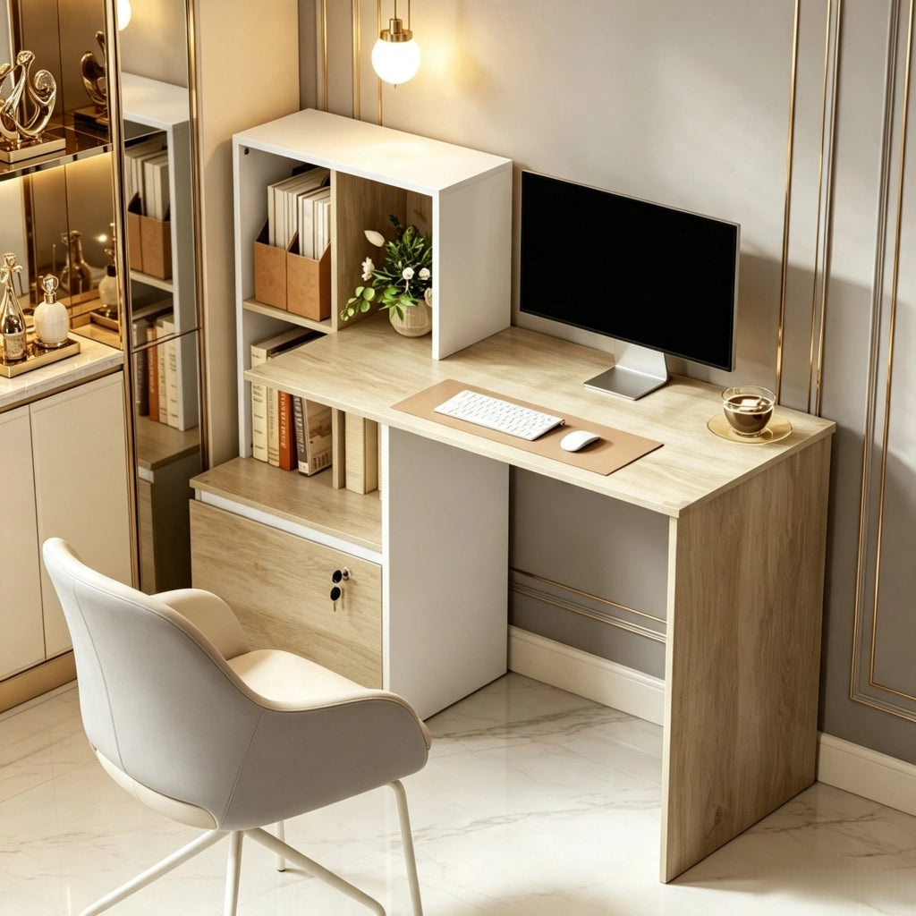 SCRIVANIA COMPUTER 126x50x109 cm con 4 vani e cassetto chiudibile Bianco e Rovere chiaro