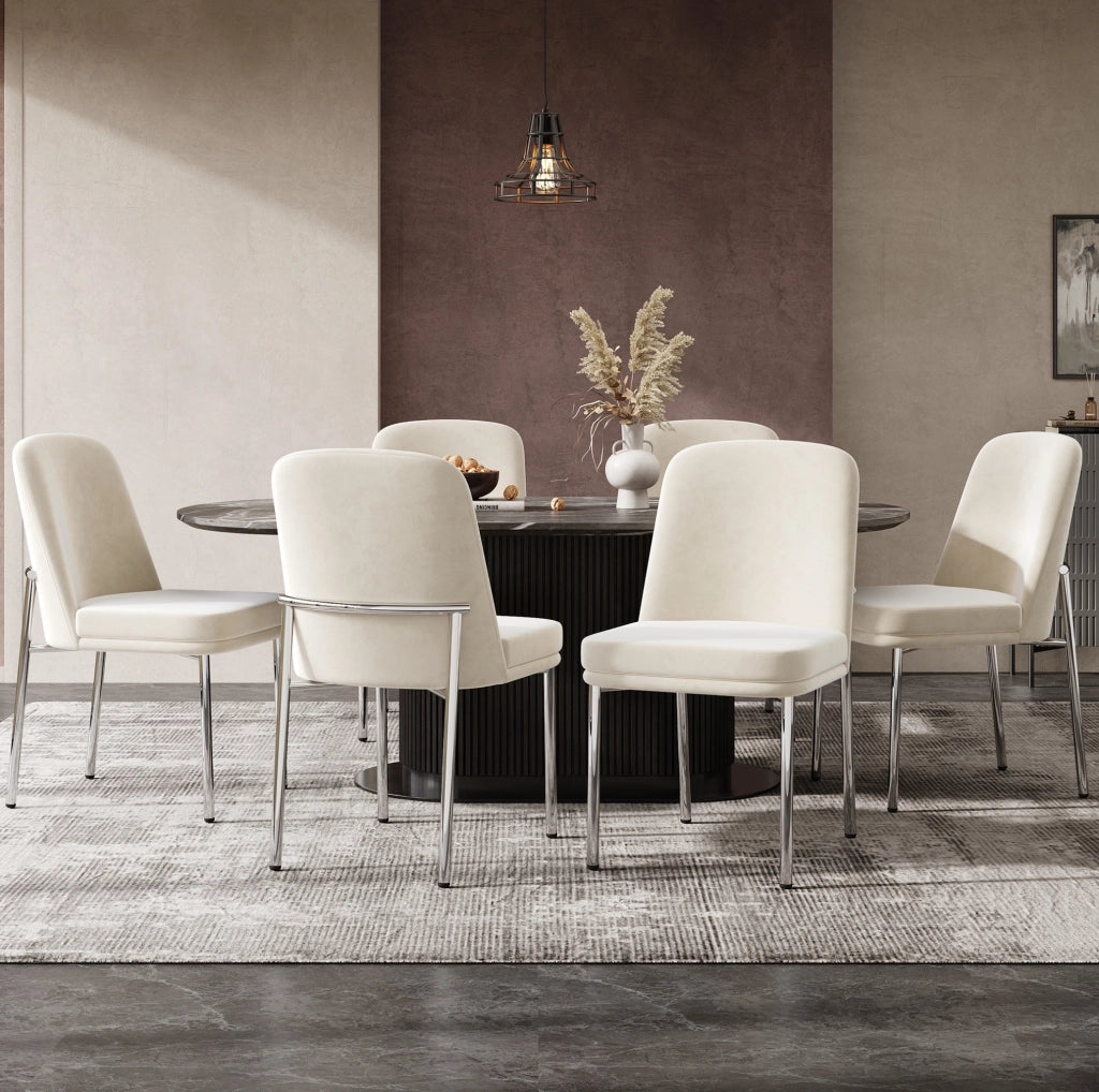 Set di 6 sedie da pranzo in velluto beige con struttura cromata