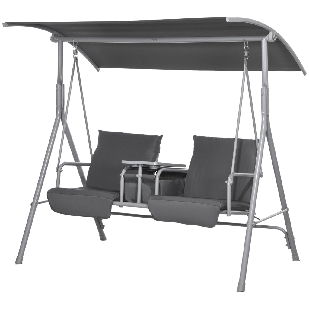 Dondolo 2 Posti con Tavolino e Portabicchieri, in Metallo e Poliestere, 175x110x165 cm, Grigio