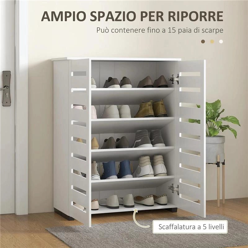 MOBILE SCARPIERA A 5 LIVELLI CON 4 RIPIANI REGOLABILI E ANTE A DOGHE IN LEGNO 76X33PX98 CM BIANCO