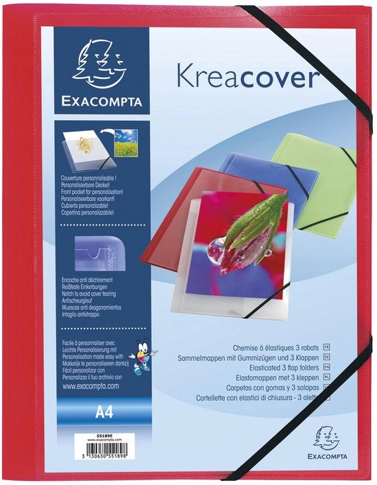 Pacchetto di 5 mappe di cartone plastificato trasparente con cerniera e 3 chiusure, contenitore con tasca trasparente DIN A4, 2 cinture elastiche.