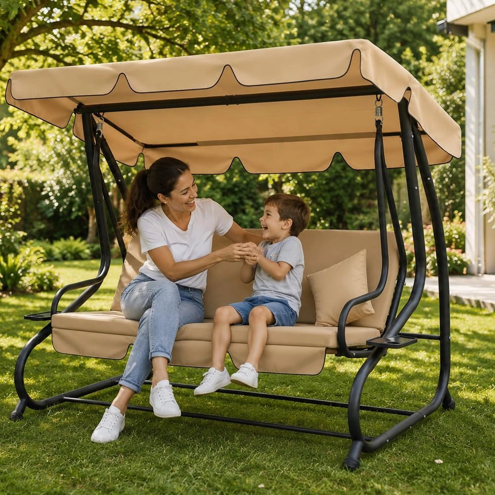 Dondolo Letto da Giardino 3 Posti Tetto Reclinabile Cuscini Beige 200x126x170 cm