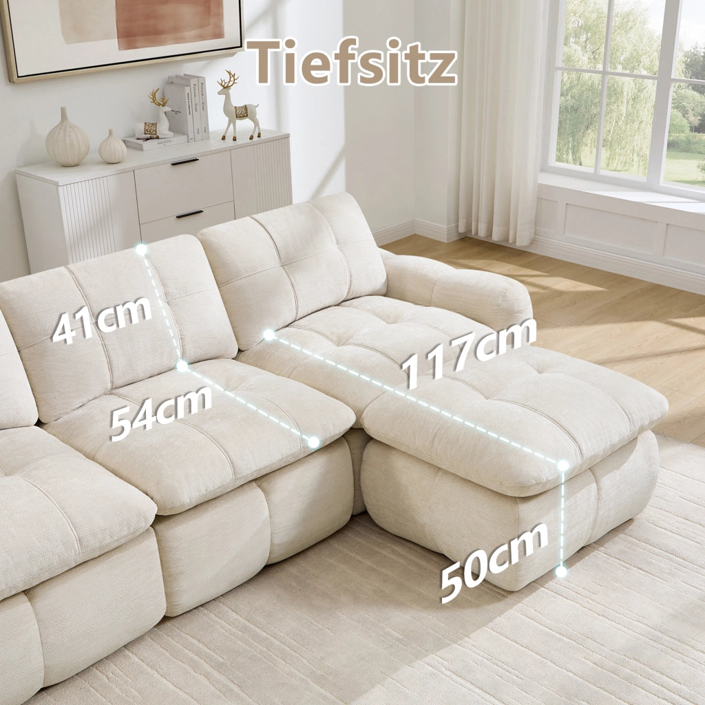 Divano modulare angolare senza struttura con rivestimento in chenille e comfort ergonomico beige 264 × 160 × 68 cm