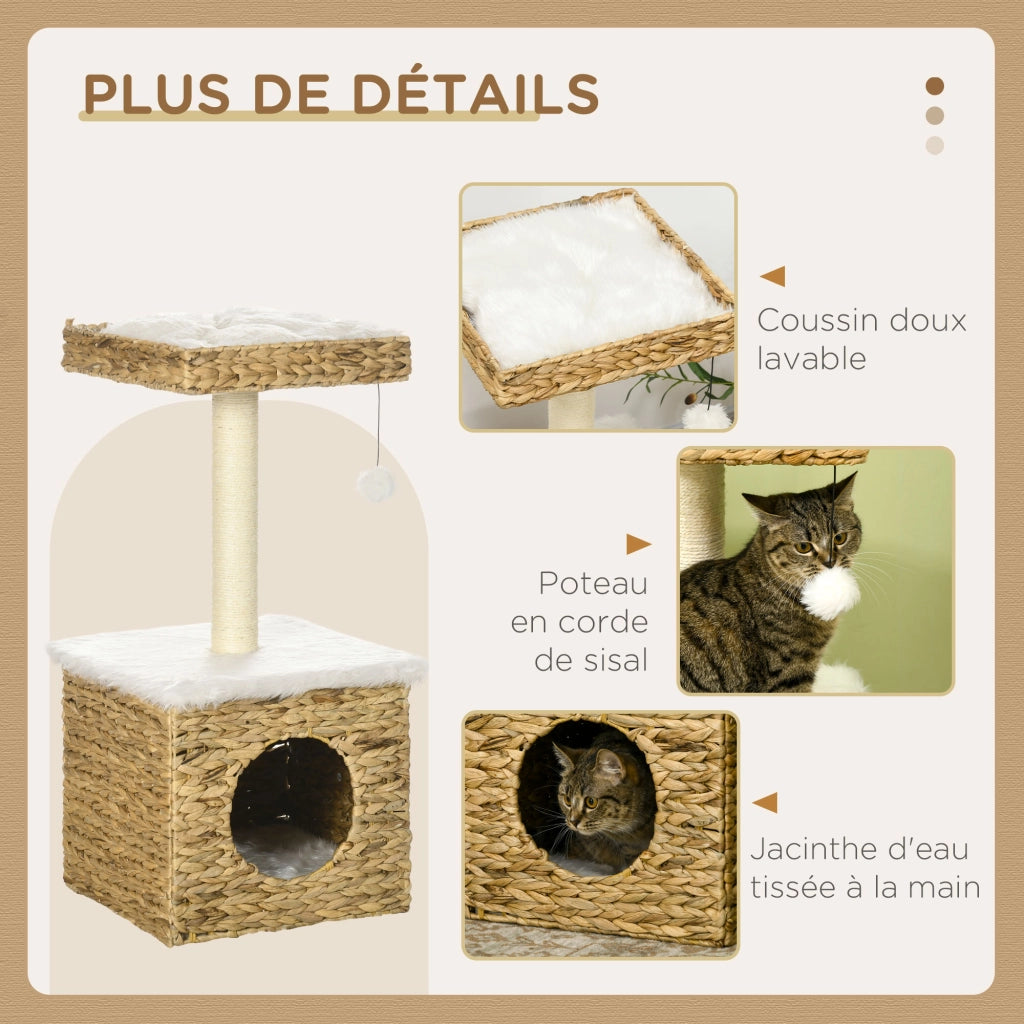 Tiragraffi per gatti 2 livelli con nicchia, palo sisal, piattaforma e pompon ¨C zephmum ¨C naturale