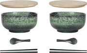 Set di Piatti in Ceramica per Ramen - 8 pezzi comprensivo di Cucchiaio e Spiedini da Cibo - 1100 ML - Grande Zuppa per Pho, Sushi e Altro - Verde - Set di 2 Piatti