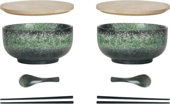 Set di Piatti in Ceramica per Ramen - 8 pezzi comprensivo di Cucchiaio e Spiedini da Cibo - 1100 ML - Grande Zuppa per Pho, Sushi e Altro - Verde - Set di 2 Piatti