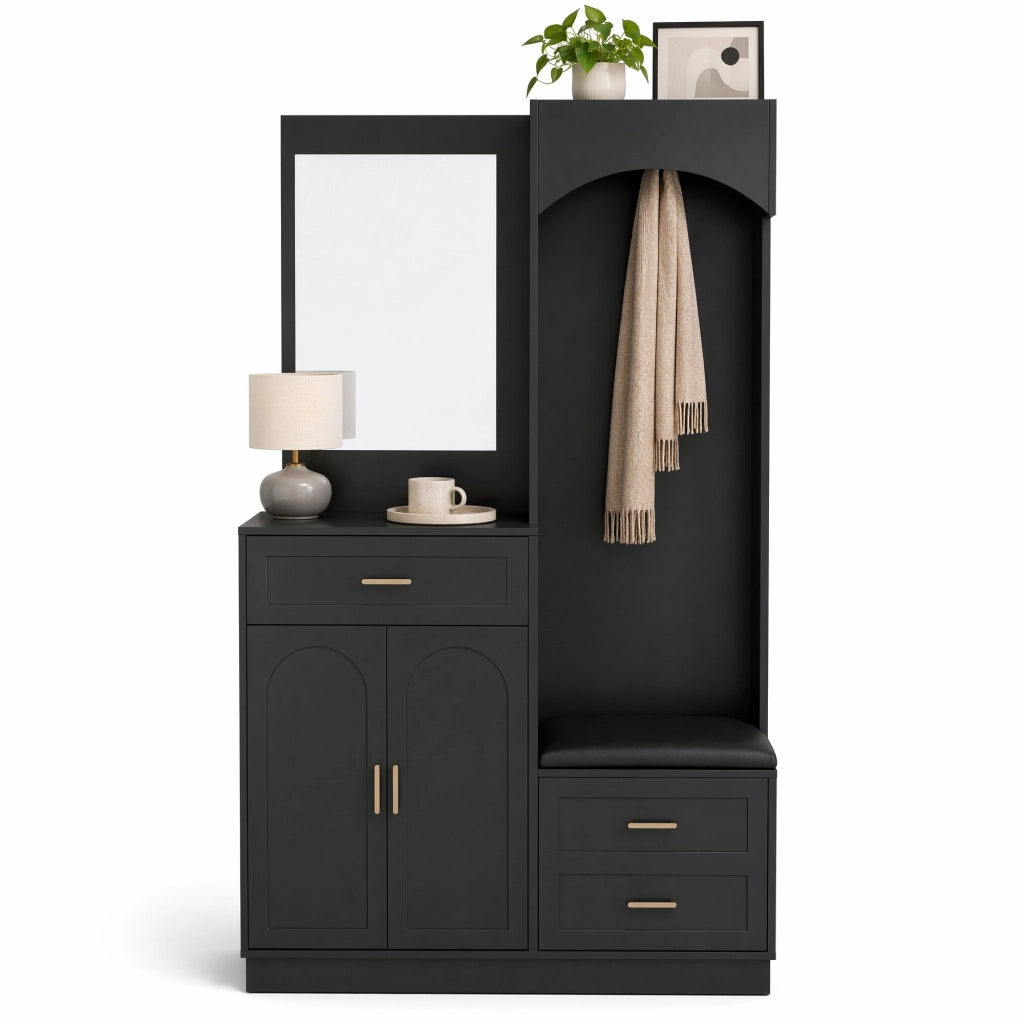 Guardaroba compatto con scarpiera; specchio e panca 110x33x185;5 cm nero