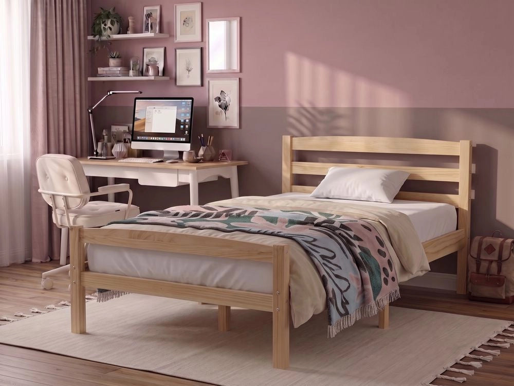 Letto singolo in legno di Pino chiaro con Rete a Doghe 80 x 200 cm Testiera a doghe minimalista