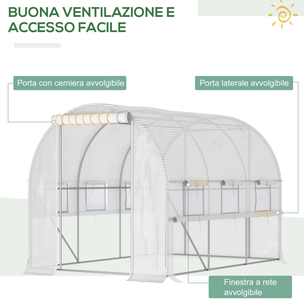 Serra per Orto 3x2x2m in Acciaio e Copertura PE, Porte con Zip e Finestre a Rete, Bianca