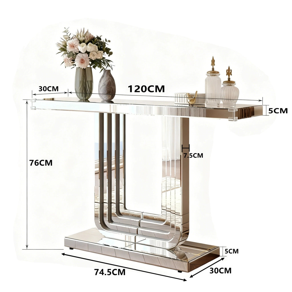 Consolle specchiata con base a U in MDF effetto vetro argentato per ingresso e soggiorno 135 × 40 × 31,5 cm