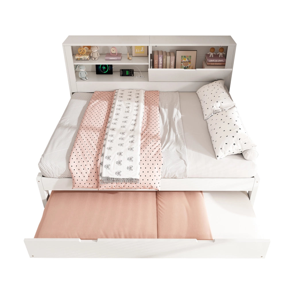 Divano letto 140x190 con estraibile 90x190 bianco vano e ripiano USB/Type-C doghe