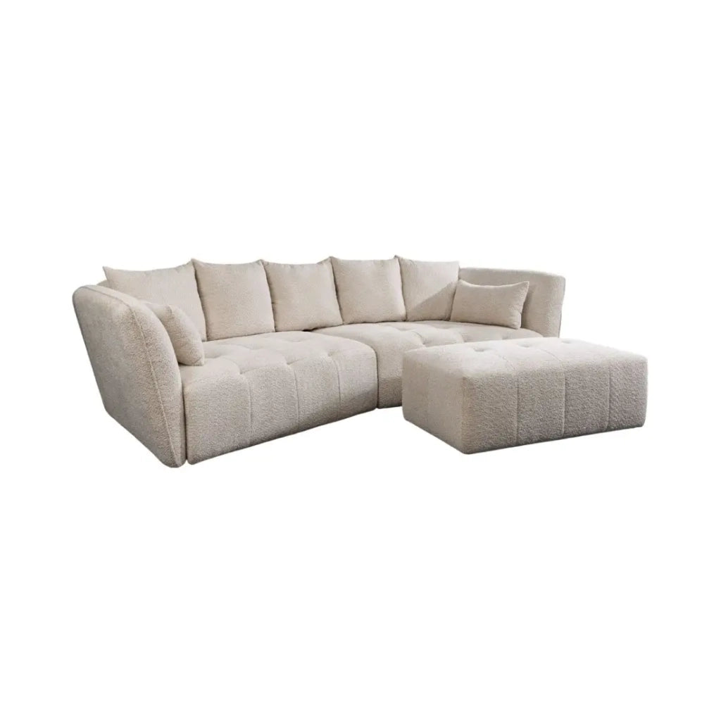 Divano + pouf IMPERIA bianco champagne – Divano modulabile in tessuto bouclé