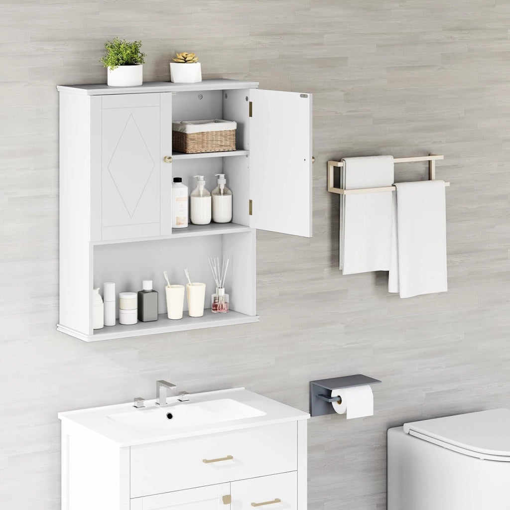 Armadio pensile a 2 ante e ripiano regolabile in altezza, armadietto per medicinali con ripiano aperto per asciugamani, armadietto da bagno per bagno, soggiorno e cucina, 60 x 21 x 75 cm