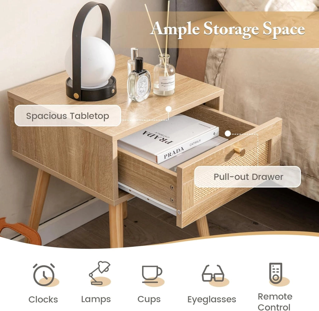 Comodino con porta in rattan, tavolino ausiliario in legno, mobile laterale decorativo con cassetto, per camera da letto, soggiorno, 40 x 40 x 55 cm, naturale