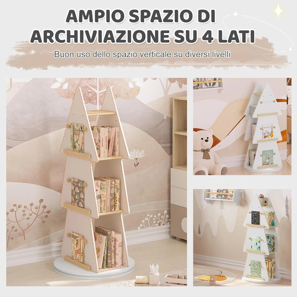 Libreria per Bambini, Libreria Rotante a 4 Ripiani, Porta Libri per Bambini ad Albero, Libreria Girevole per Cameretta, Nido Asilo, Scaffale Bianco, in Legno, Ø48x103,5cm
