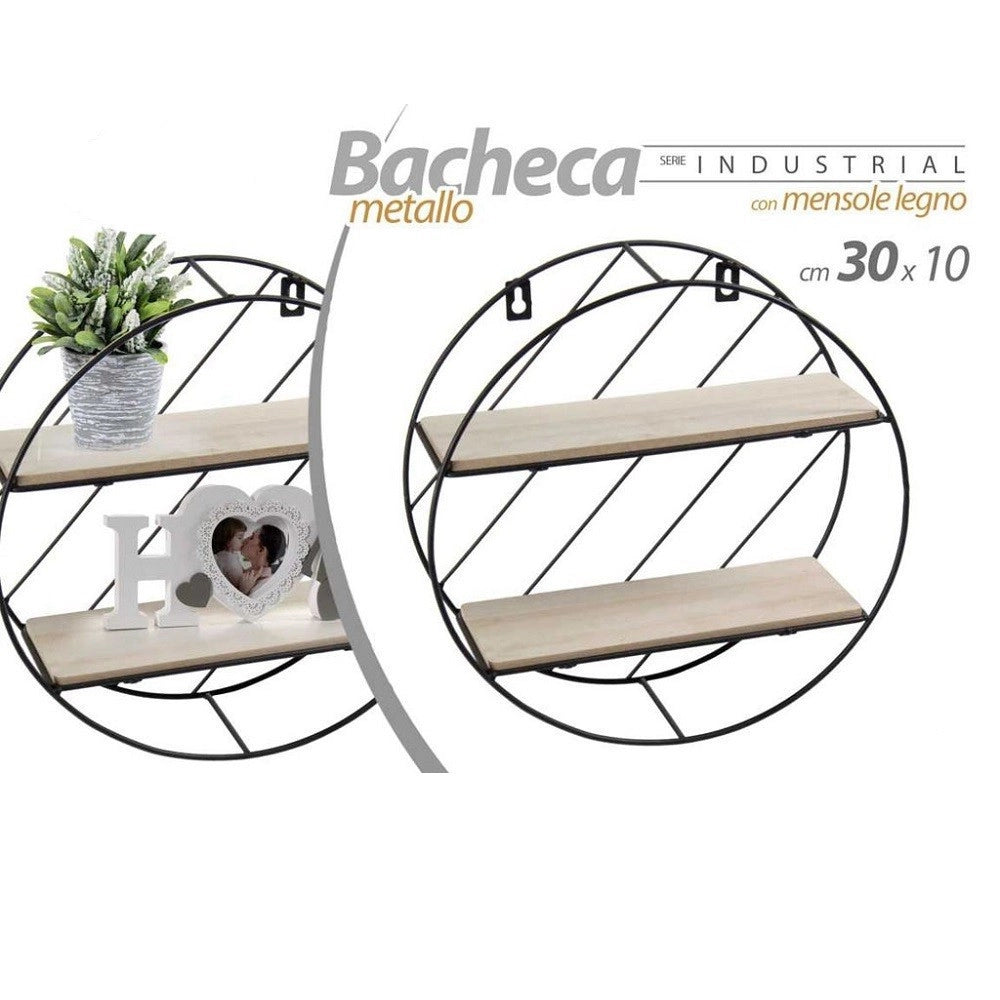 Trade Shop - Bacheca In Metallo Tonda Parete Porta Oggetti Mensole Legno 30x10cm Nero 832154 -