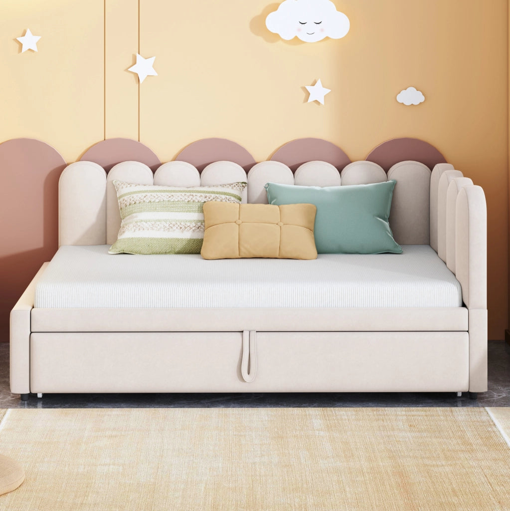 Letto divano estraibile a L 90x200 cm in velluto beige