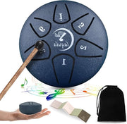Tromba a Tamburo in Acciaio da 3 Pollici - Mini Strumento Percussivo - 6 Note - Libro di Musica - Martelletto per Tamburo - Borsa Portatile - Tamburo da Meditazione Yoga - Blu Marina