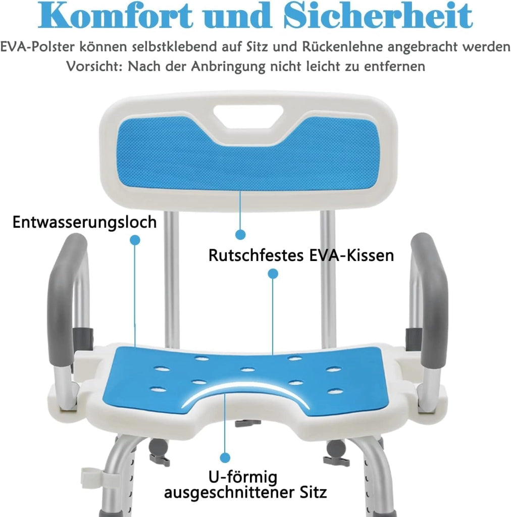 Sgabello da doccia per anziani, altezza regolabile, 37,5-50 cm, in alluminio, moderno, 150 kg, con schienale e braccioli