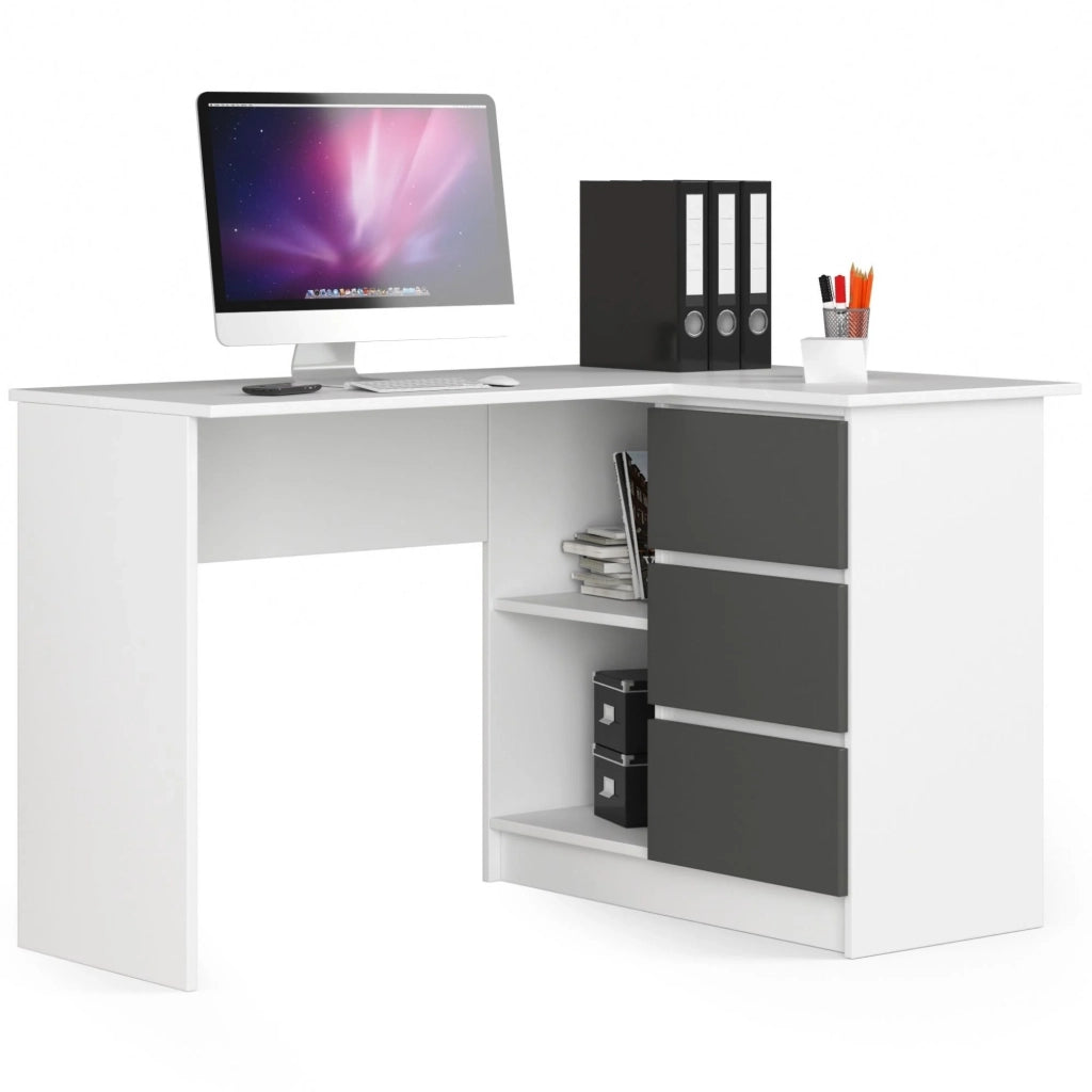 Scrivania angolare AKORD B16 Bianco 124 cm 3 cassetti inserto frontale Grigio Grafite 124x85x77 cm Modello a destra