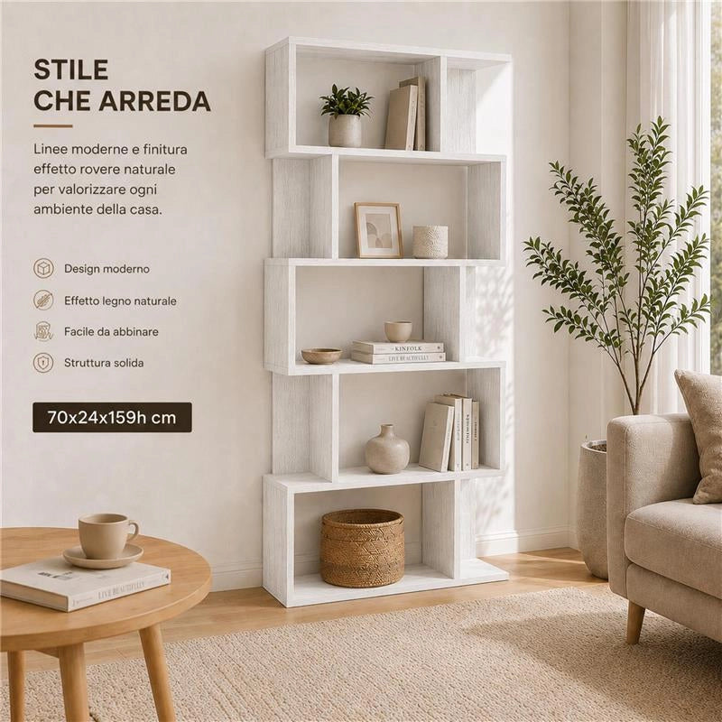 LIBRERIA CUBICA IN LEGNO BIANCO MODERNA CON CINQUE RIPIANI SFALSATI DIMENSIONI 70X24X159 CM