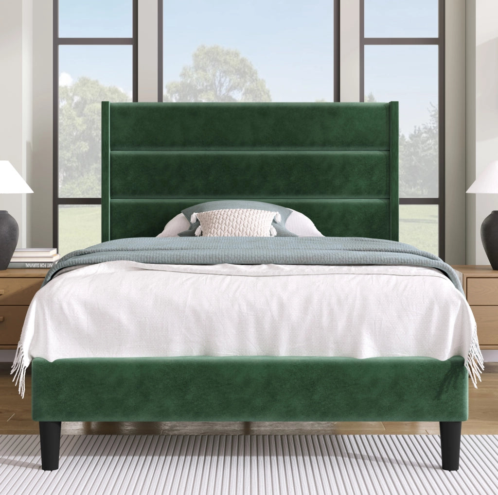 Letto imbottito 90x200 cm in velluto verde con rete a doghe e materasso H3