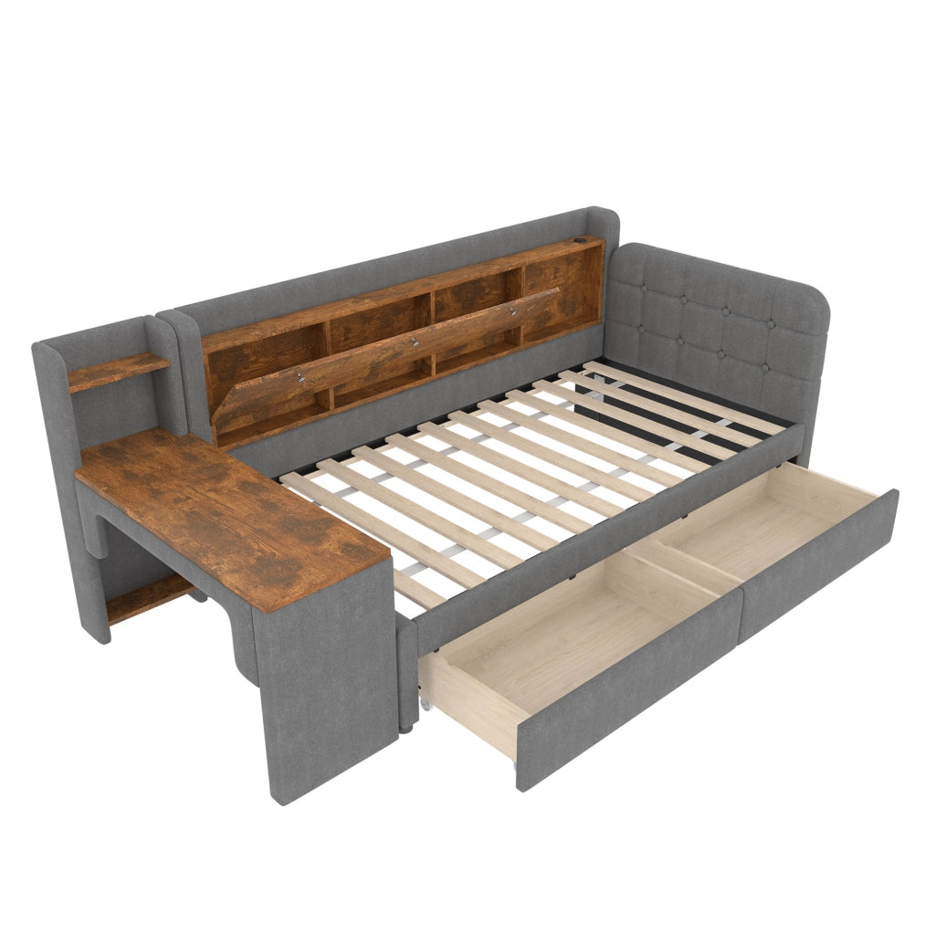 Letto singolo 90x200 cm grigio in lino e MDF con scrivania e 2 cassetti