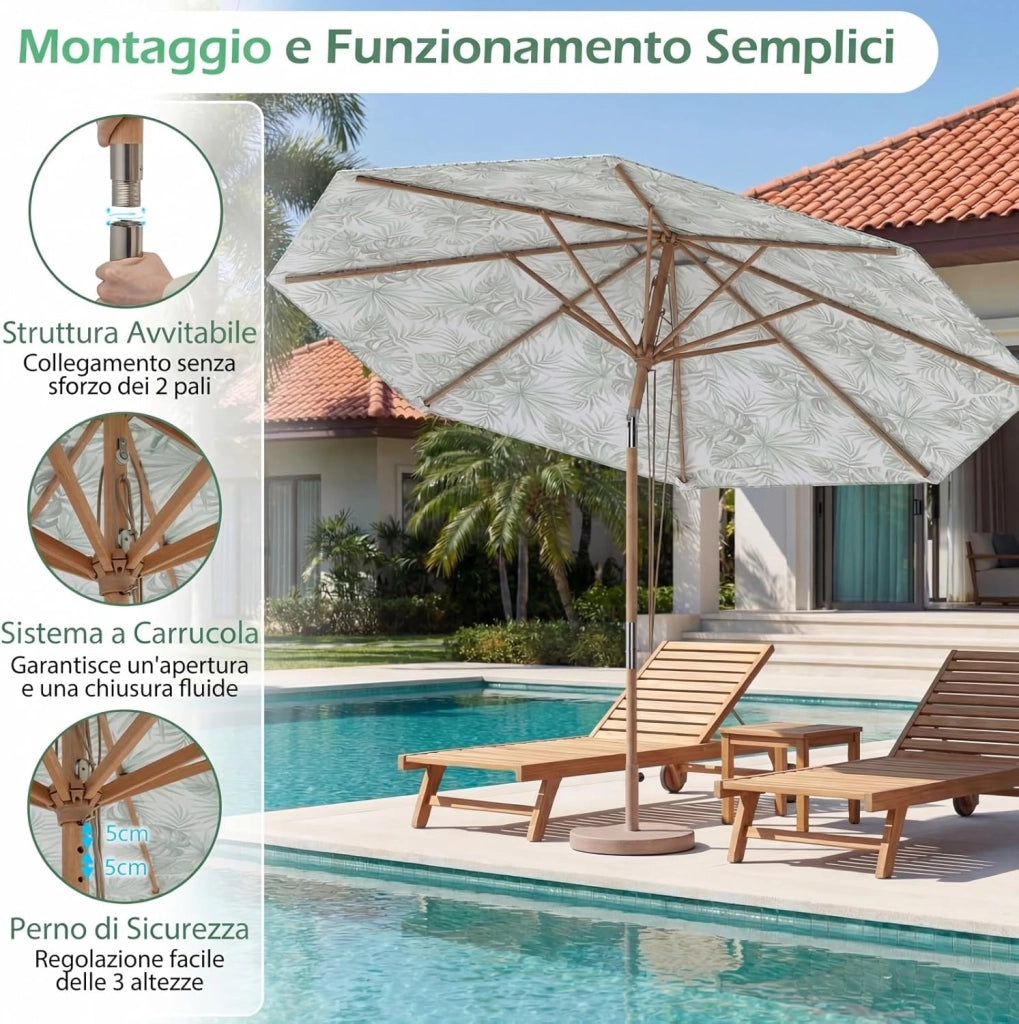 Ombrellone da Giardino 270 cm, con Insclinazione Regolabile, con Tettuccio di Ventilazione e 8 Stecche, Protezione Solare, Ombrellone da Spiaggia per Cortile e Balcone