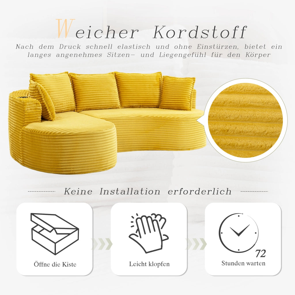 DIVANO ad arco 250x152x82 cm in velluto a coste giallo senape con portabicchieri