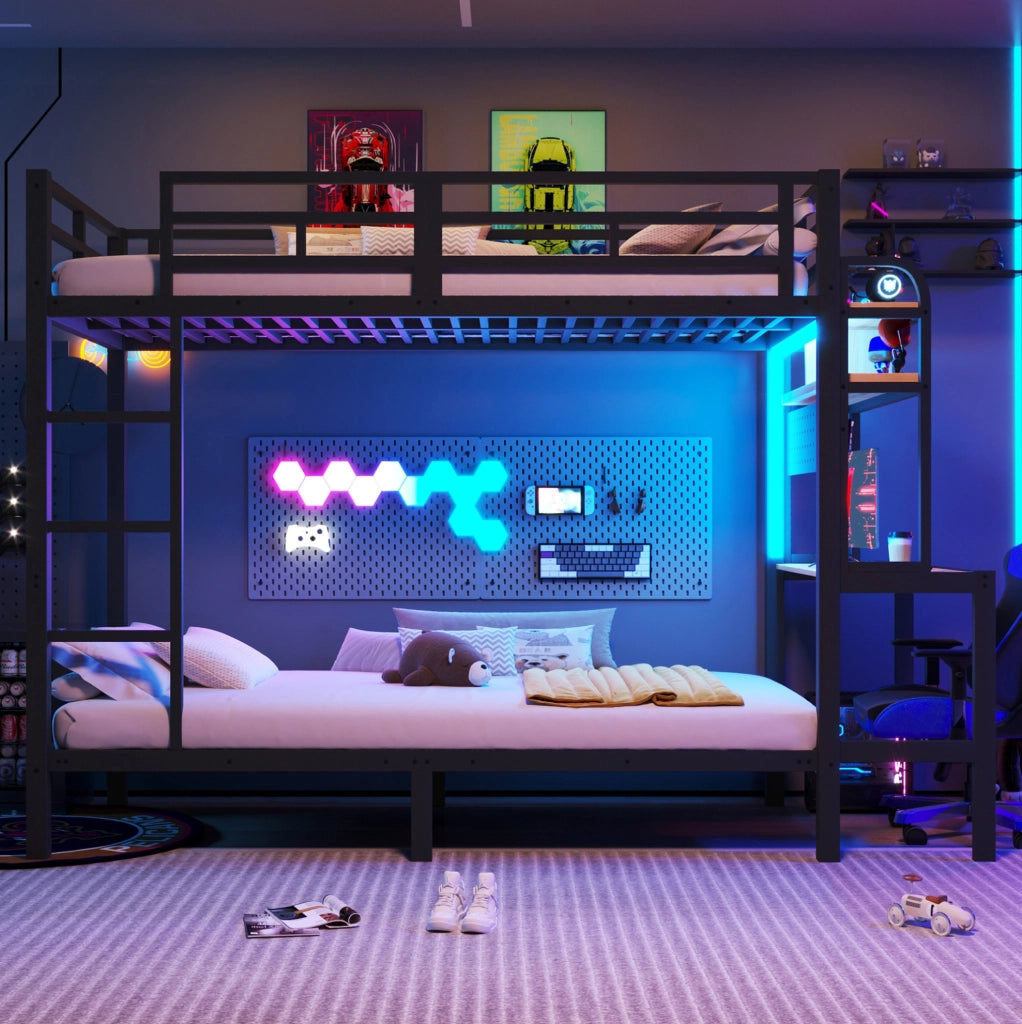 Letto a castello 90x200 cm nero metallo e MDF - scrivania LED e USB